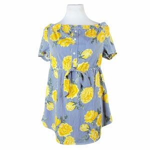 A Hint of Blush Blue & White Stripe w/ Yellow Rose Print Off Shoulder Blouse - S